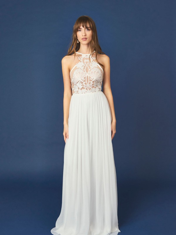 Neckholder Brautkleid mit transparentem Spitzenoberteil und fließendem Chiffonrock für einen romantischen und modernen Look