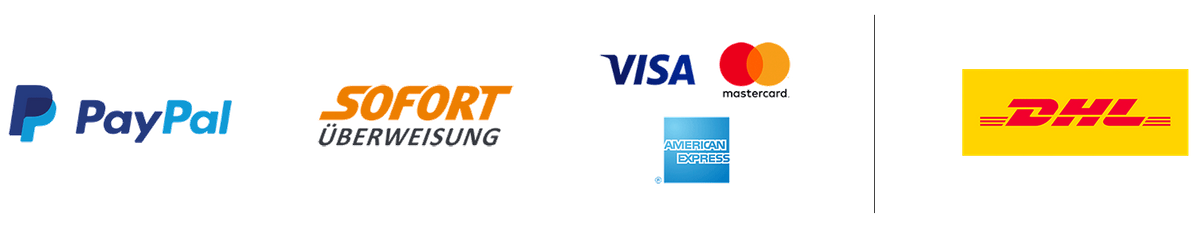 Symbole für die Zahlungsarten Visa, PayPal, Sofort und den Versand per DHL