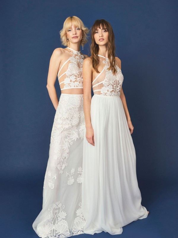 Romantisch und sexy zugleich - Hochzeitszweiteiler von Kisui Berlin. Zwei Bräute präsentieren elegante Spitzentops und fließende Röcke. Perfekt für eine Hochzeit im Boho-Stil oder für Bräute, die Wert auf eine individuelle Note legen.